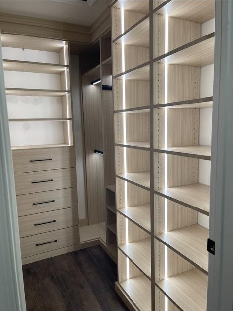 Luxury closet detail showing premium finishes and elegant white storage solutions