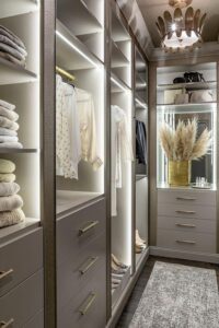 Luxury walk-in closet with grey accents and sophisticated LED lighting systems
