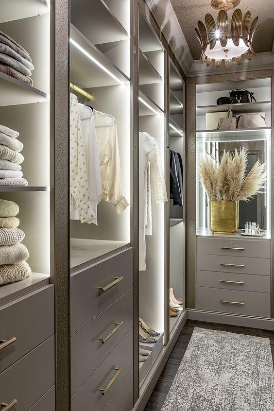 Luxury walk-in closet with grey accents and sophisticated LED lighting systems