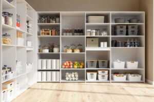 Organized walk-in pantry with white shelving and labeled storage containers for kitchen organization